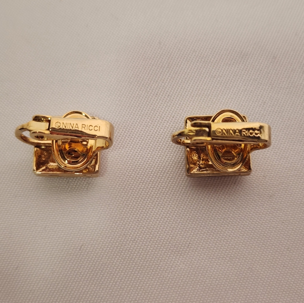 Nina Ricci Gold Square Cube Clip On Earrings Pave Crystals - Picture 5 of 8